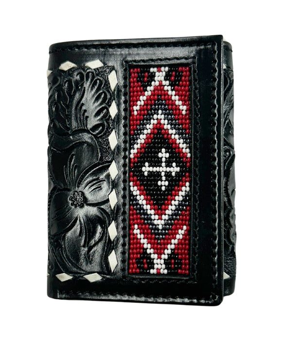 Men's Western Tooled Leather Beaded Floral Tri-Fold Wallet 18RSW-Trifold