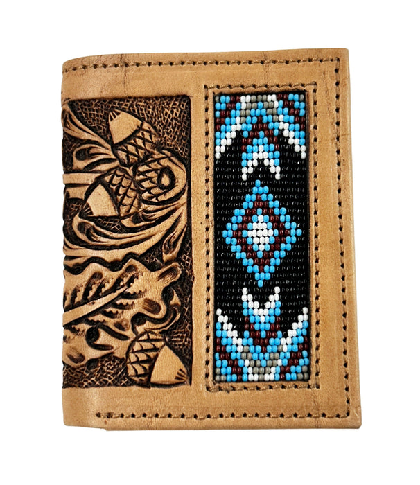 Men's Western Basket Weave Tooled Leather Beaded Bi-Fold Wallet 18RSW-Bifold