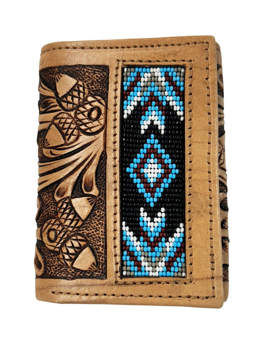 Men's Western Tooled Leather Beaded Floral Tri-Fold Wallet 18RSW-Trifold