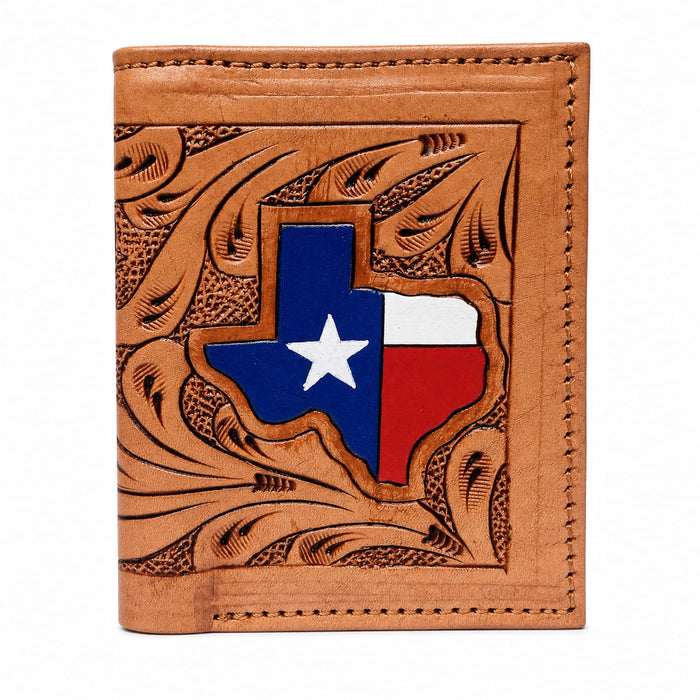 Challenger Western Bi-Fold Wallet – Texas Heritage Floral Tooled Leather with Painted Texas Flag Design 18RSW502B
