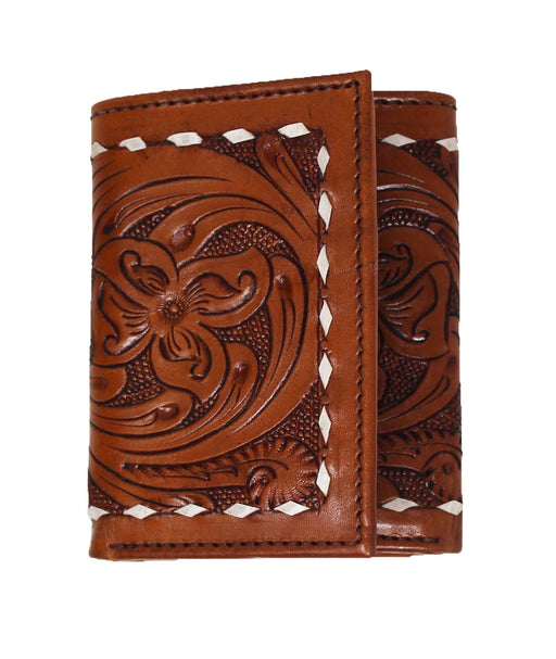 Men's Western Floral Tooled Buckstitch Handcrafted Leather Tri-Fold Wallet 18RSW50T