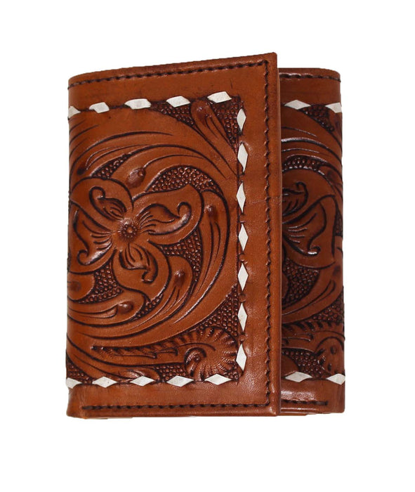 Men's Western Floral Tooled Buckstitch Handcrafted Leather Tri-Fold Wallet 18RSW50T