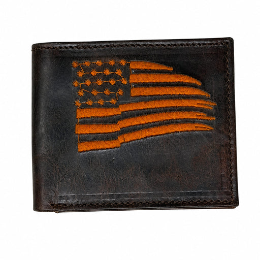 Challenger Western Distressed Brown Leather Embroidered Flag Bi-Fold Wallet Liberty Trail 18RSW515B