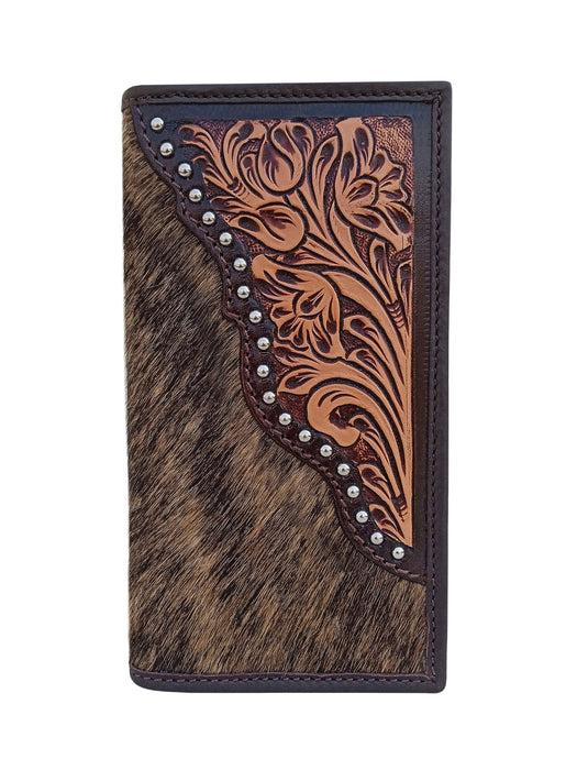 Challenger Rodeo Wallet, Floral Tooled Leather, Hair-On Hide & Stud Accents, 6.5 x 3.5 in, Brindle Brown 18RSW523R