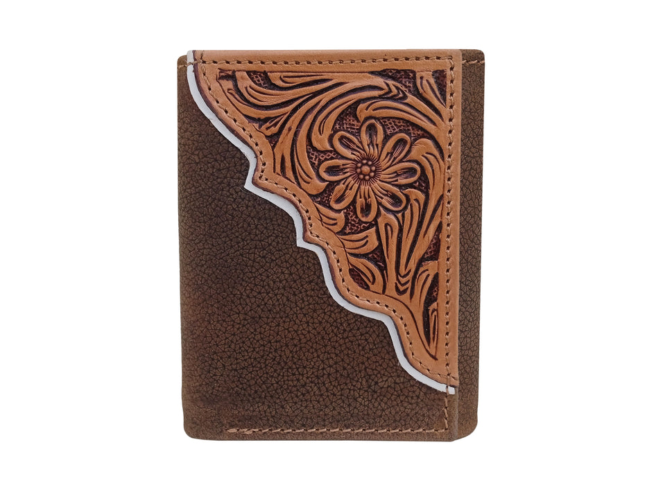 Men's Western Tooled Leather Beaded Floral Tri-Fold Wallet 18RSW-Trifold