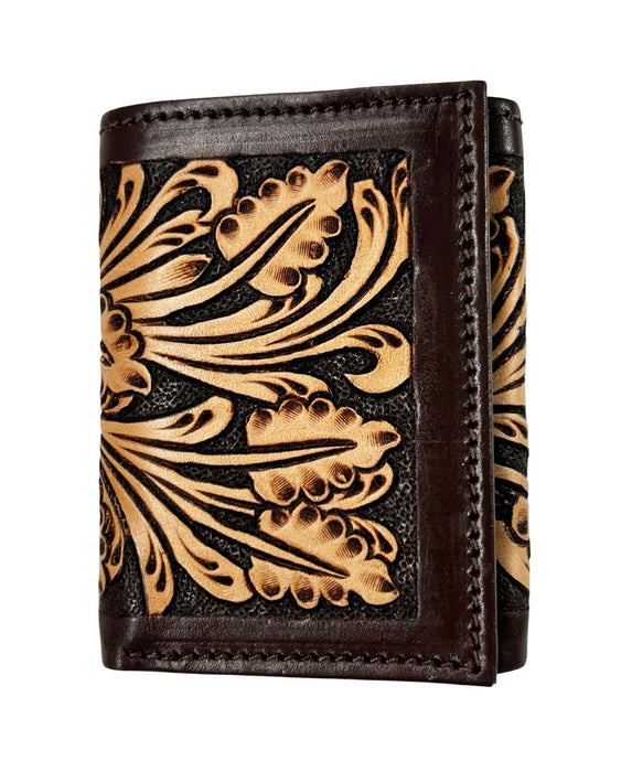 Men's Western Tooled Leather Beaded Floral Tri-Fold Wallet 18RSW-Trifold