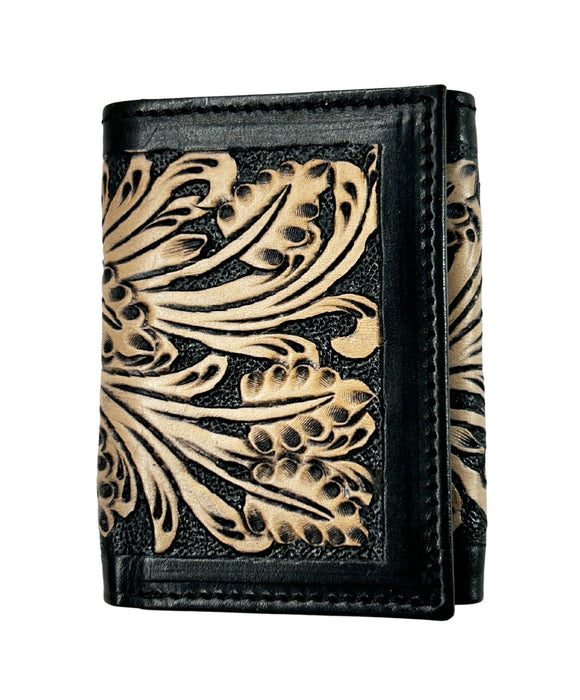 Men's Western Tooled Leather Beaded Floral Tri-Fold Wallet 18RSW-Trifold
