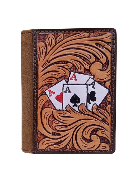 Challenger Lucky Aces Scroll Distressed Leather Money Clip Bi-Fold Wallet Hand Tooled 18RSW552M