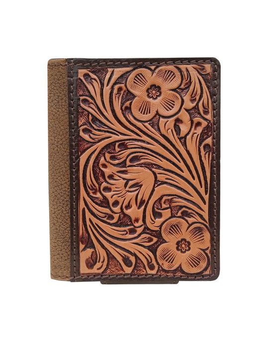 Challenger Sage Blossom Distressed Leather Money Clip Bi-Fold Wallet Hand Tooled 18RSW554M