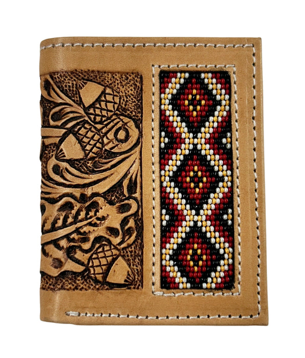 Men's Western Basket Weave Tooled Leather Beaded Bi-Fold Wallet 18RSW-Bifold