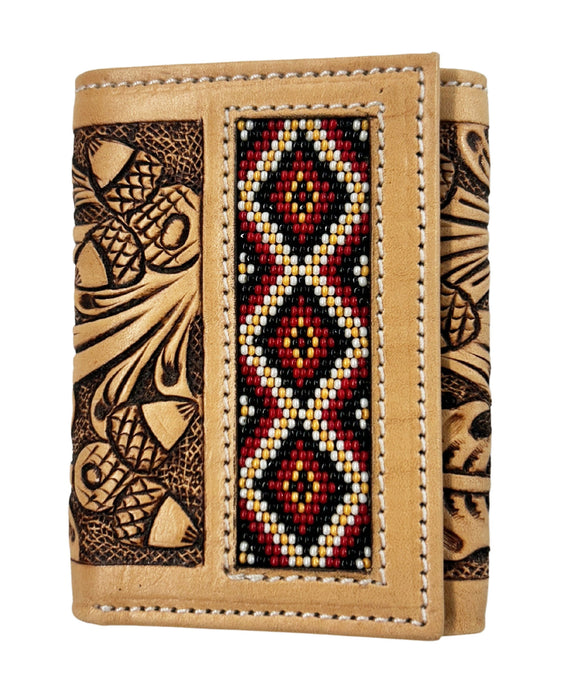 Men's Western Tooled Leather Beaded Floral Tri-Fold Wallet 18RSW-Trifold