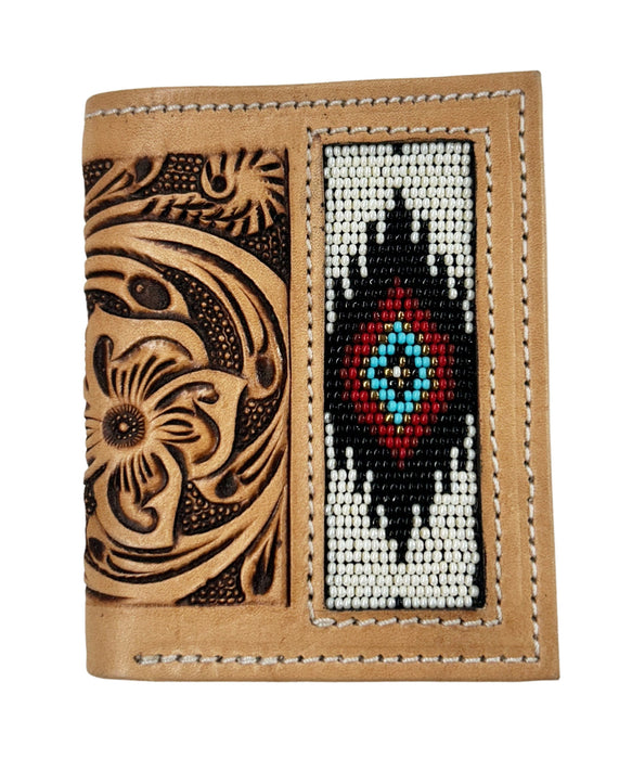 Men's Western Basket Weave Tooled Leather Beaded Bi-Fold Wallet 18RSW-Bifold