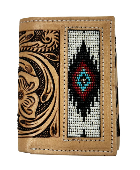 Men's Western Tooled Leather Beaded Floral Tri-Fold Wallet 18RSW-Trifold