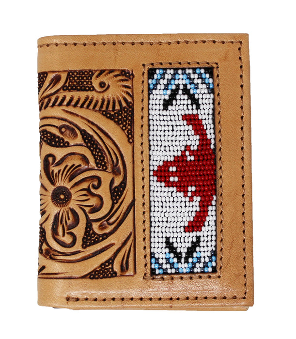 Men's Western Basket Weave Tooled Leather Beaded Bi-Fold Wallet 18RSW-Bifold