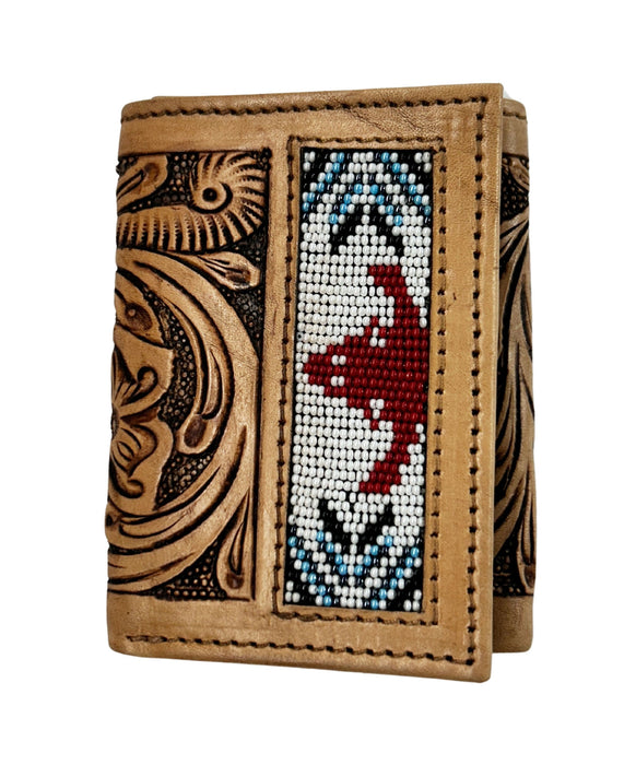 Men's Western Tooled Leather Beaded Floral Tri-Fold Wallet 18RSW-Trifold