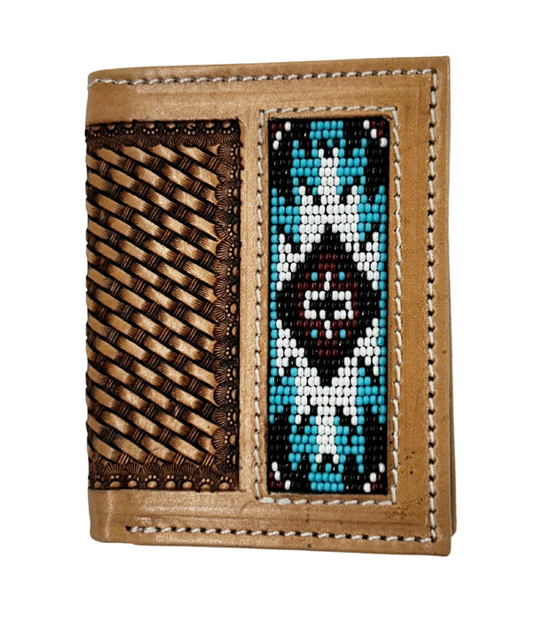 Men's Western Basket Weave Tooled Leather Beaded Bi-Fold Wallet 18RSW-Bifold