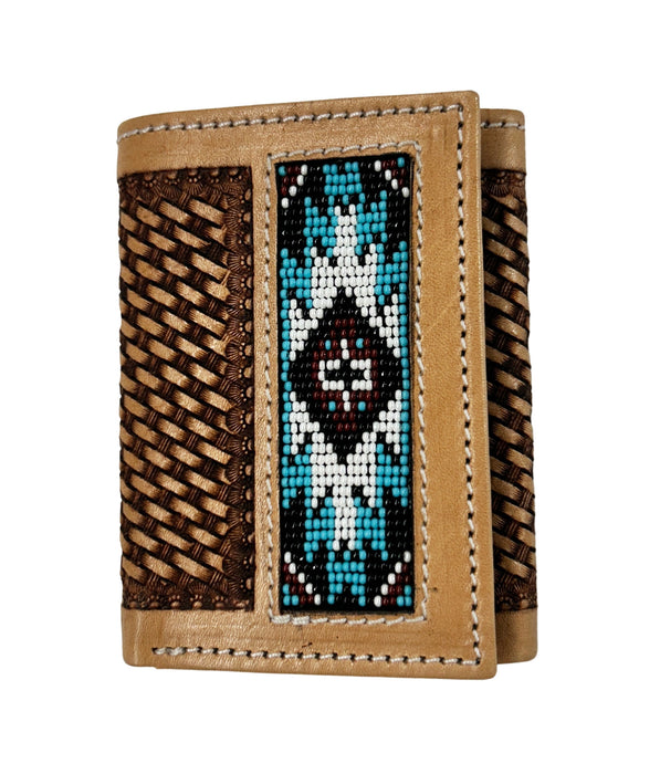 Men's Western Tooled Leather Beaded Floral Tri-Fold Wallet 18RSW-Trifold