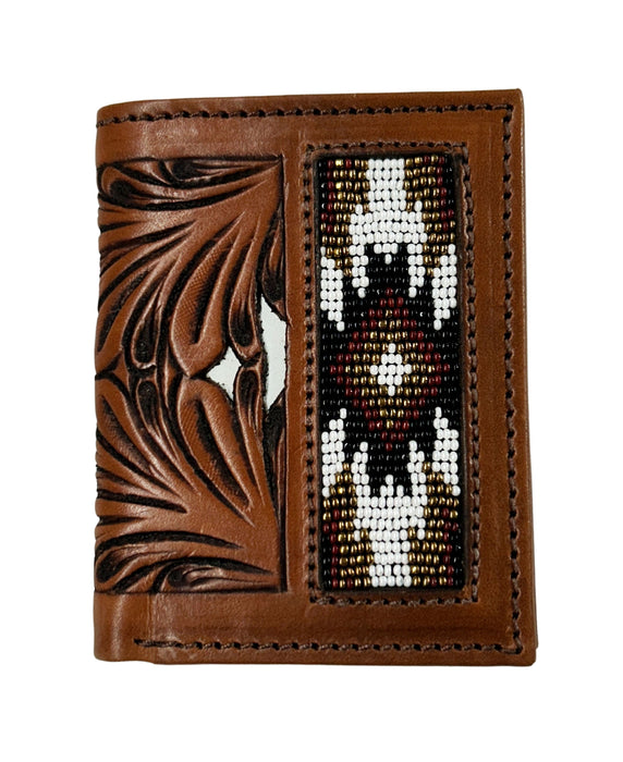 Men's Western Basket Weave Tooled Leather Beaded Bi-Fold Wallet 18RSW-Bifold