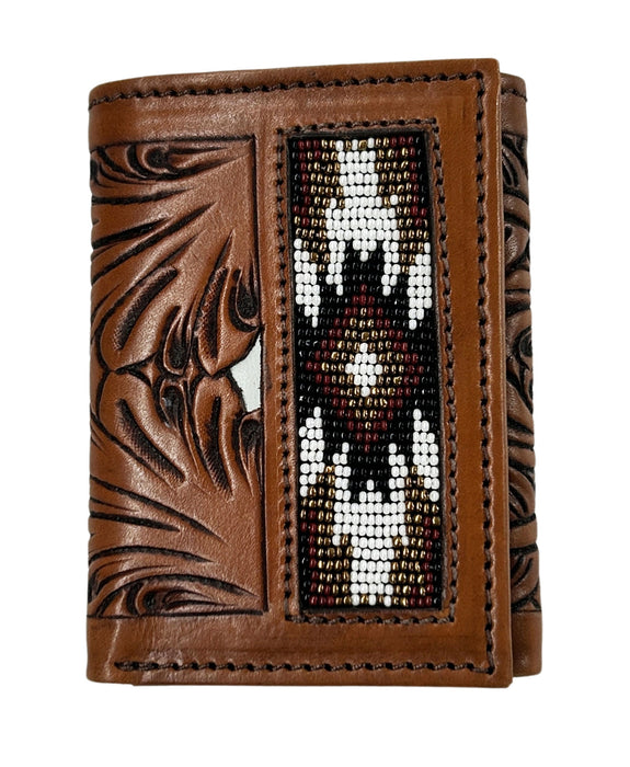 Men's Western Tooled Leather Beaded Floral Tri-Fold Wallet 18RSW-Trifold
