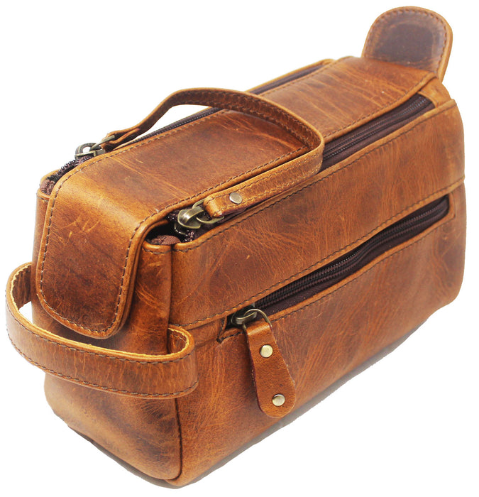 Men's Brown Leather Travel Toiletry Organizer Shaving Dopp Kit Bag 18RT01