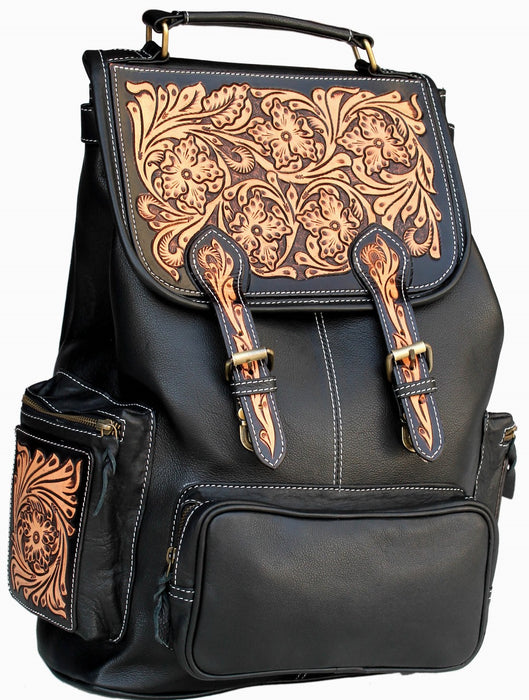 Western Floral Tooled Black Pebbled Leather Backpack Shoulder Book Bag 18RTB03BK