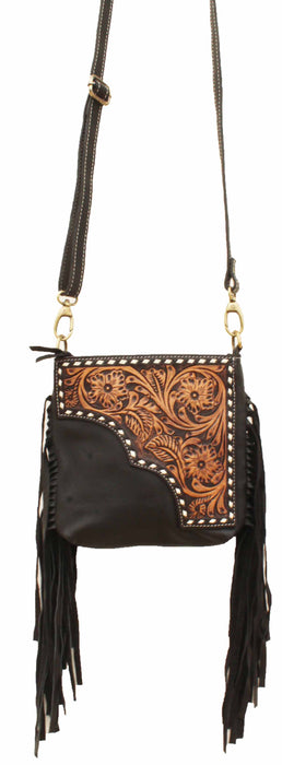Women's Western Floral Tooled Black Leather Shoulder Purse Handbag Fringe 18RTH02