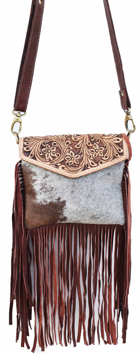 Women's Western Floral Tooled Black Leather Shoulder Purse Handbag Fringe 18RTH06