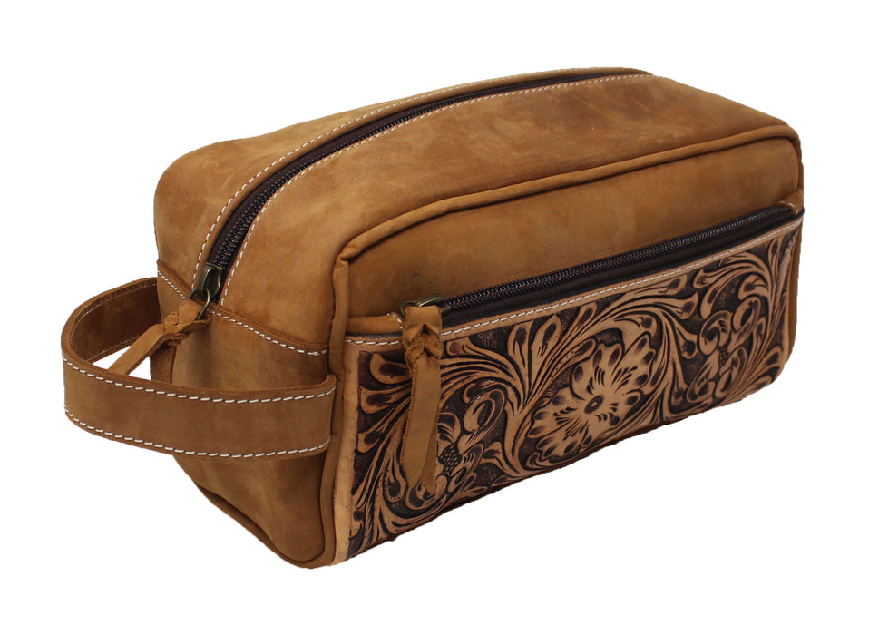 Men's Distressed Floral Tooled Leather Travel Toiletry Dopp Kit Bag 18RTT01