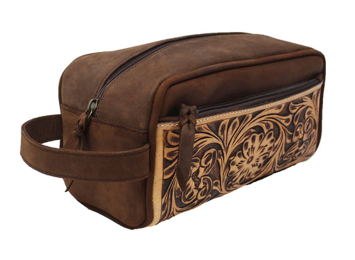 Men's Distressed Floral Tooled Leather Travel Toiletry Dopp Kit Bag 18RTT01BR