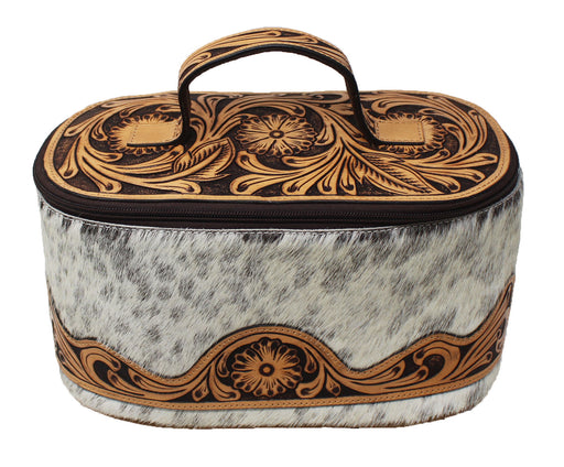 Western Antique Floral Tooled Leather Cowhide Buckstitch Cosmetic Dopp Kit Toiletry Train Bag 18RTT11