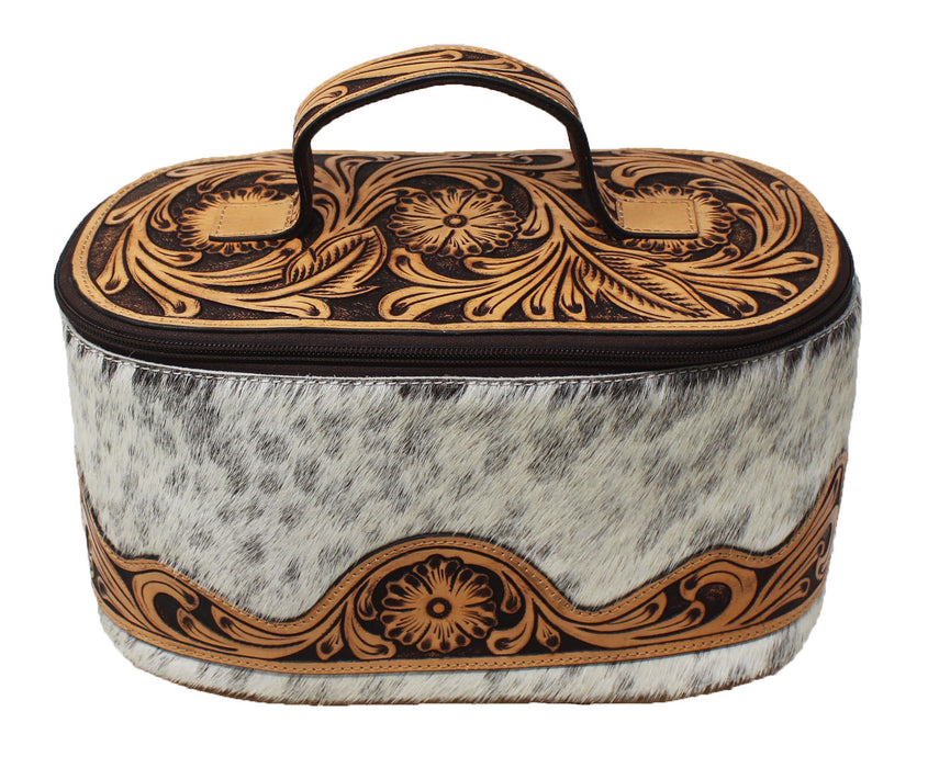 Western Antique Floral Tooled Leather Cowhide Buckstitch Cosmetic Dopp Kit Toiletry Train Bag 18RTT11