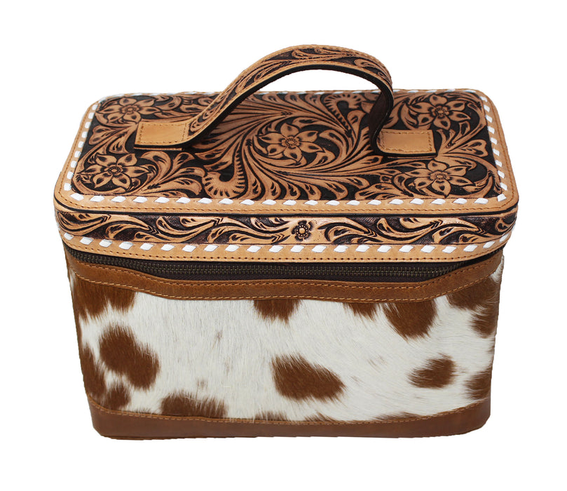 Women's Western Antique Floral Basket Cowhide Tooled Leather Cosmetic Travel Train Bag 18Train