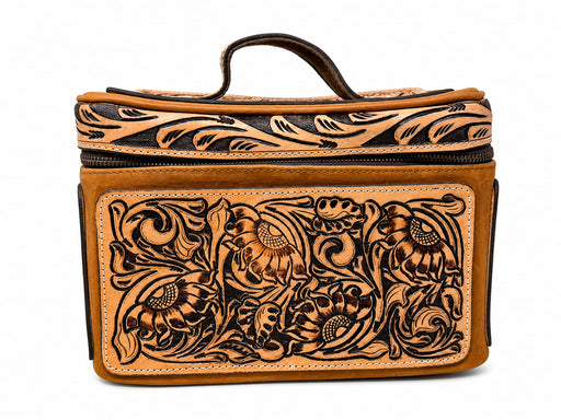 Unisex Western Tooled Sunflower Leather Cosmetic Dopp Kit Toiletry Bag 18RTT13