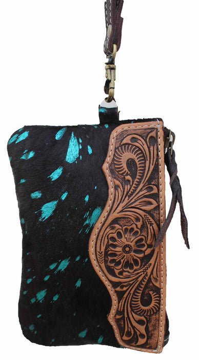 Women's Acid Wash Hair-On Tooled Leather Small Wallet Wristlet Pouch 18RTW03BKT