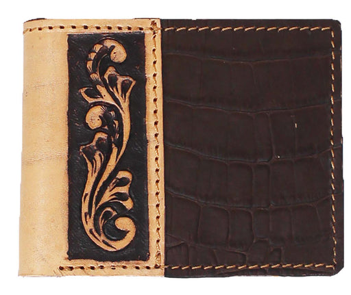 Men's Western Brown Gator Print Floral Tooled Leather Bi-Fold Wallet 18RTW100B 18RTW100B