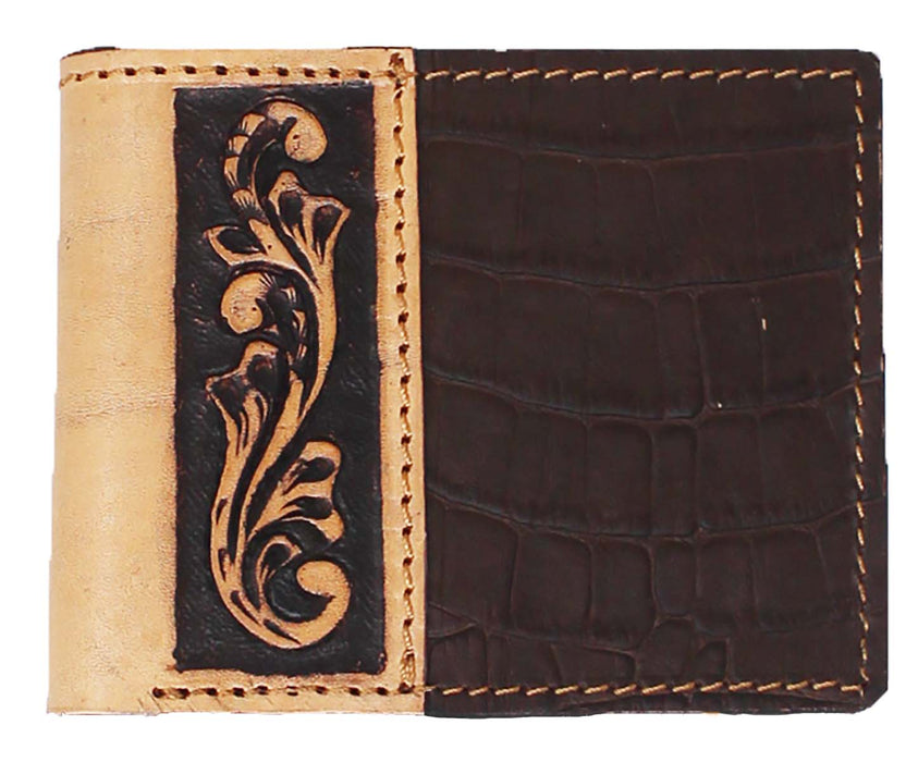 Men's Western Brown Gator Print Floral Tooled Leather Bi-Fold Wallet 18RTW100B 18RTW100B