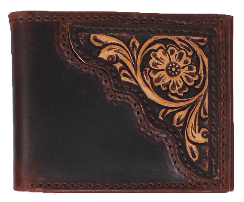 Men's Western Distressed Leather Floral Tooled Brown Bi-Fold Wallet 18RTW102B