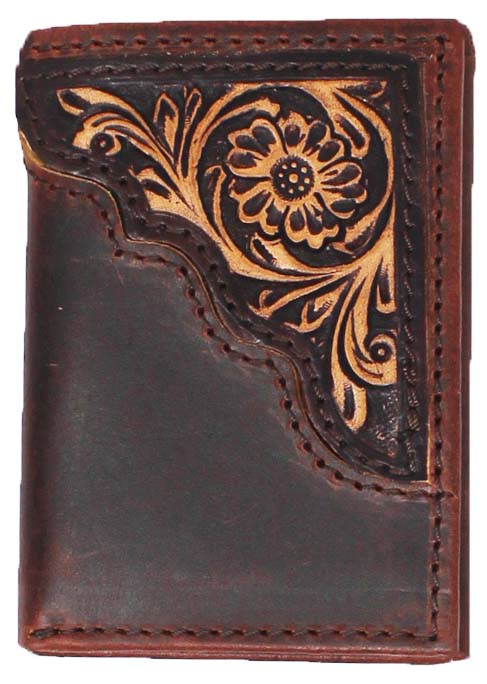 Men's Western Antique Floral Tooled Beaded Leather Tri-Fold Wallet 18RTWTrifold