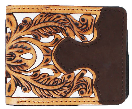 Men's Western Floral Filigree White Inlay Tooled Leather Bi-Fold Wallet 18RTW104B