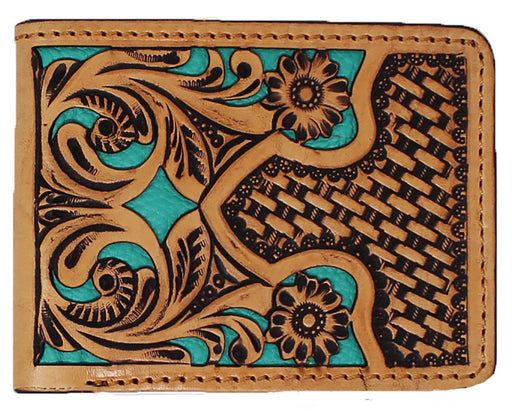 Men's Western Floral Filigree Turquoise Inlay Leather Bi-Fold Wallet 18RTW105B
