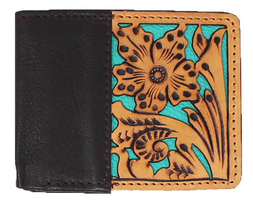 Men's Western Floral Filigree Turquoise Inlay Leather Bi-Fold Wallet 18RTW106B