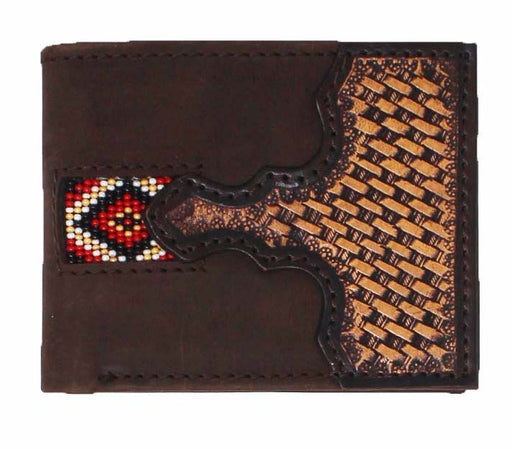 Men's Western Basket Weave Tooled Leather Beaded Bi-Fold Wallet 18RTW109B