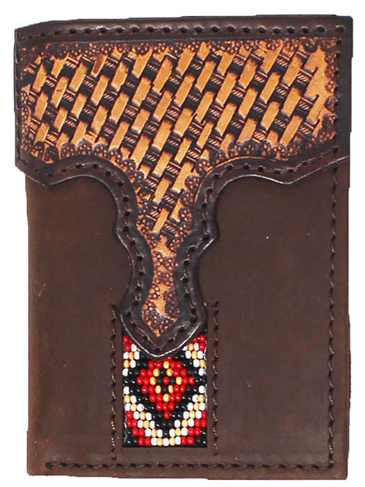 Men's Western Antique Floral Tooled Beaded Leather Tri-Fold Wallet 18RTWTrifold
