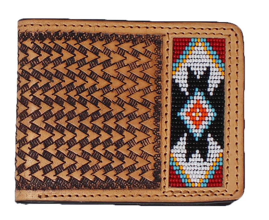 Men's Western Arrow Basket Weave Tooled Leather Beaded Bi-Fold Wallet 18RTW110B