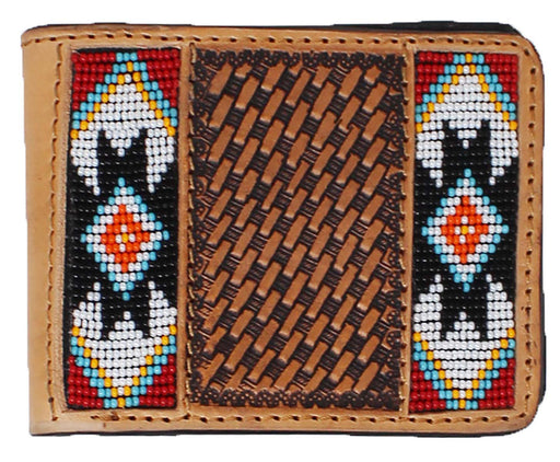Men's Western Arrow Basket Weave Tooled Leather Beaded Bi-Fold Wallet 18RTW114B