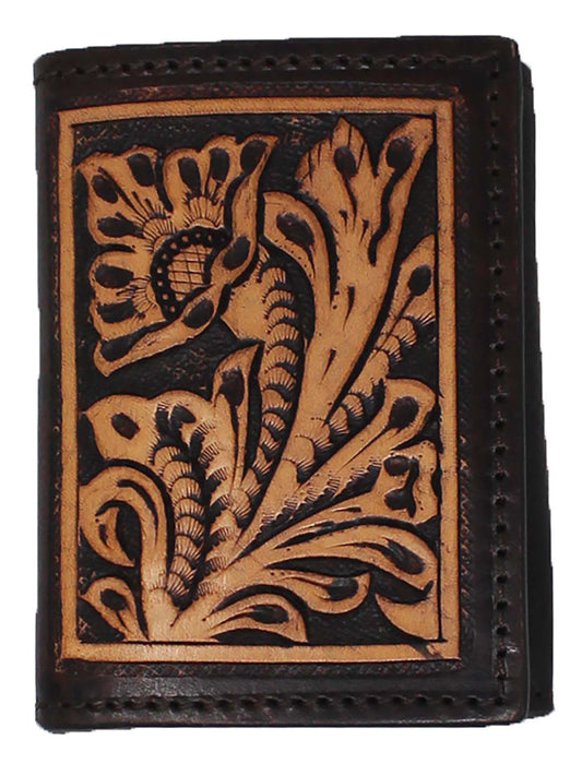Men's Western Antique Floral Tooled Beaded Leather Tri-Fold Wallet 18RTWTrifold