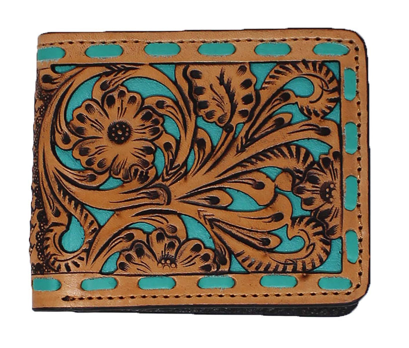 Men's Western Turquoise Filigree Floral Tooled Leather Bi-Fold Wallet 18RTW123B 18RTW123B