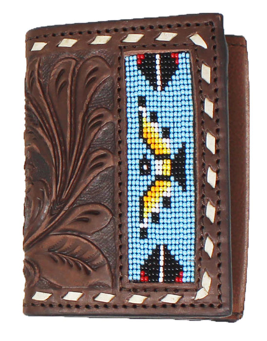 Men's Western Antique Floral Tooled Beaded Leather Tri-Fold Wallet 18RTWTrifold