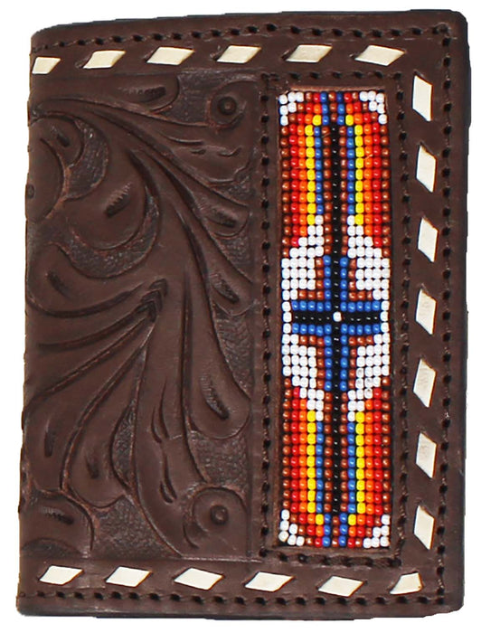 Men's Western Antique Floral Tooled Beaded Leather Tri-Fold Wallet 18RTWTrifold