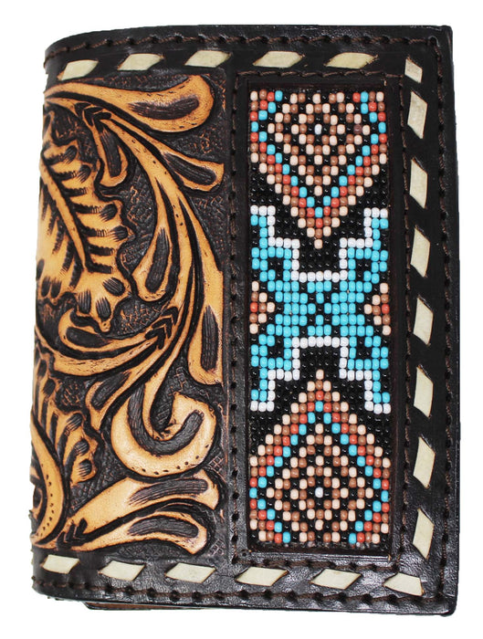 Men's Western Antique Floral Tooled Beaded Leather Tri-Fold Wallet 18RTWTrifold